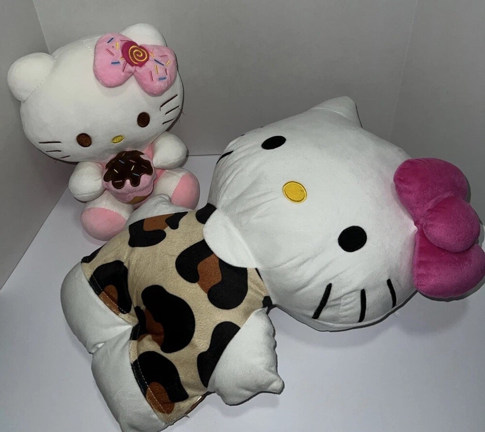 2 Sanrio Hello Kitty Plush Cuddle Pillow Buddy + Hello Kitty With Cupcake